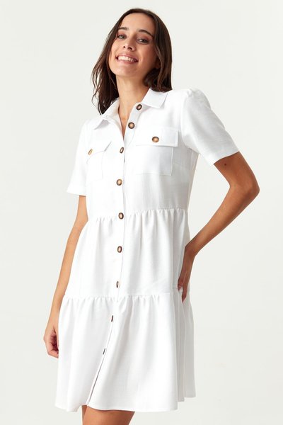 Beyaz Cepli Mini Gömlek Elbise