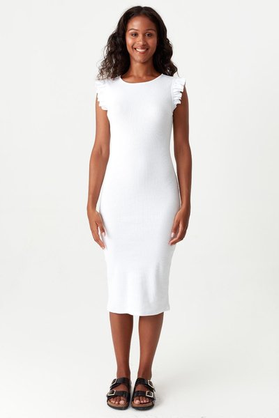 Beyaz Fırfırlı Fitilli Midi Elbise