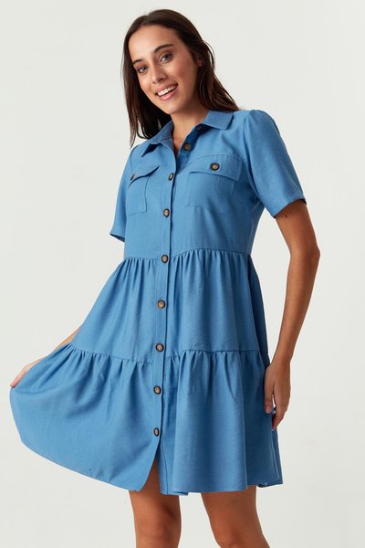 Mavi Cepli Mini Gömlek Elbise