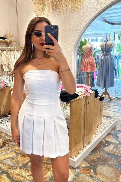Beyaz Straplez Pileli Mini Elbise