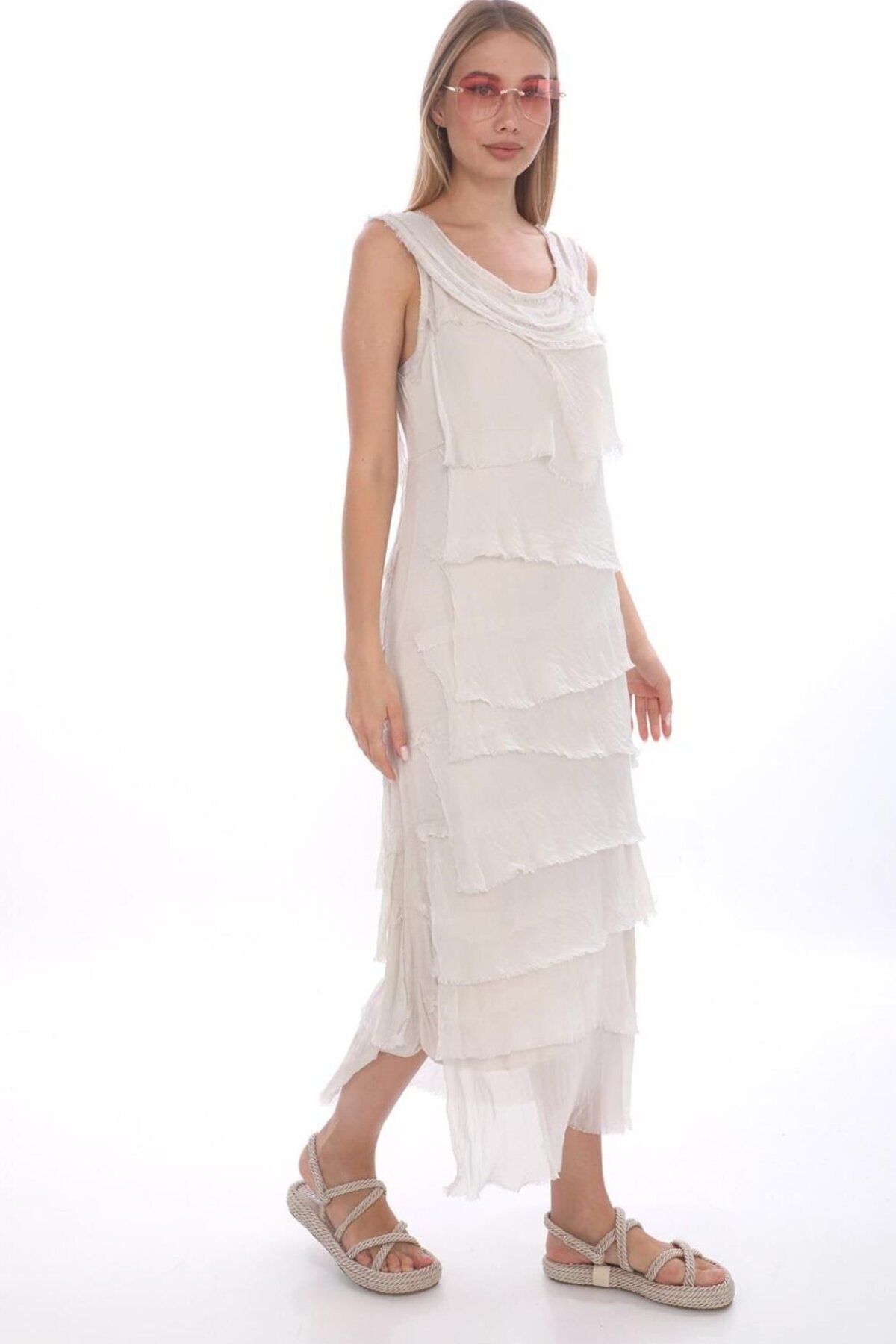 Cream Italian Slimming Layered Silk Long Dress - Bohem Stil