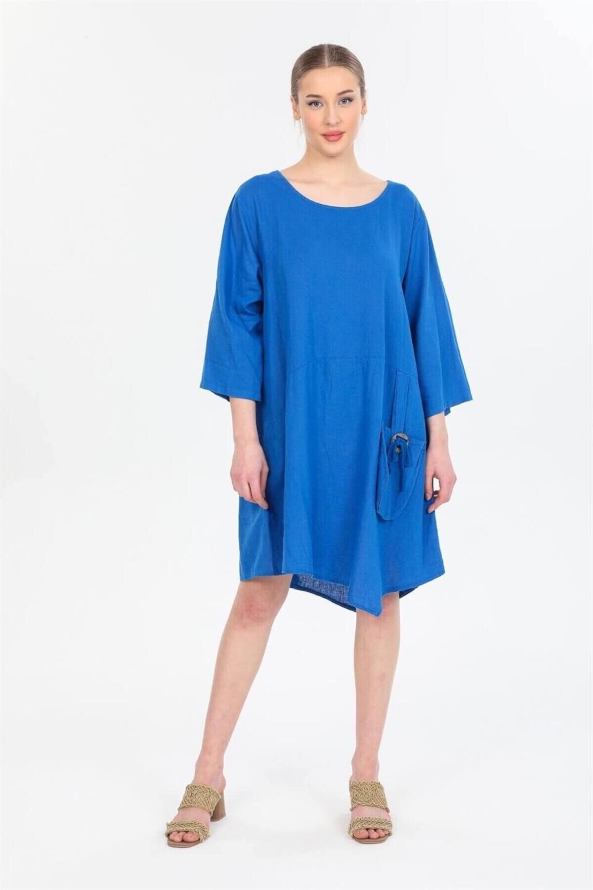 Indigo Italian Midi Loose Fit Linen Dress - Bohem Stil