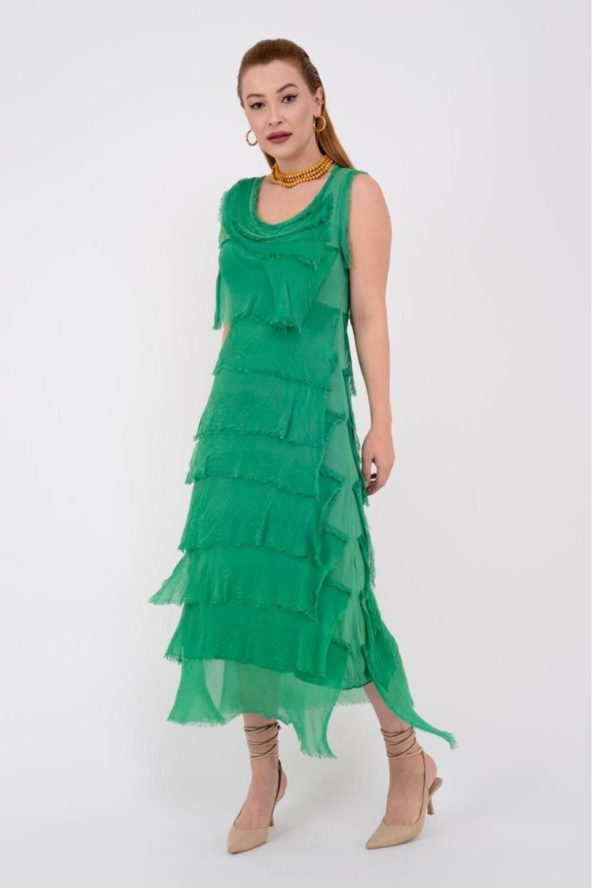 Green Italian Slimming Layered Silk Long Dress - Bohem Stil