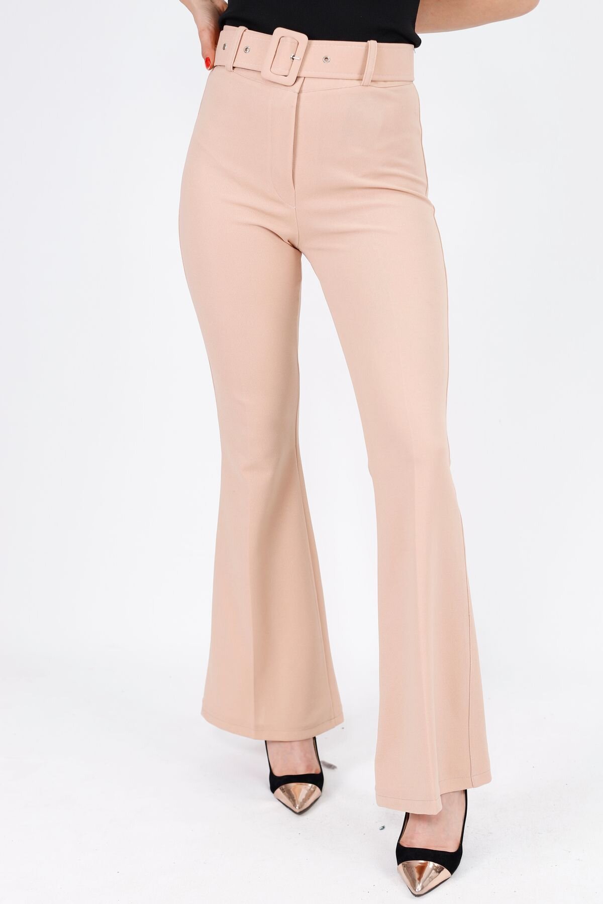 Stone Scuba Crepe Fabric Flared Pants with Belt - BYCOOLEST BUTİK