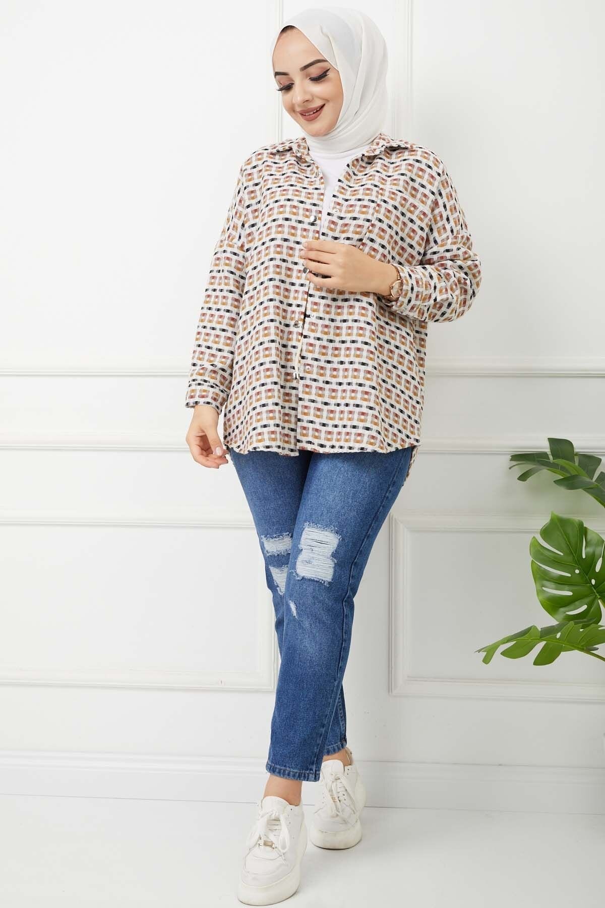 Beige Checkered Pocket Shirt - Marwella