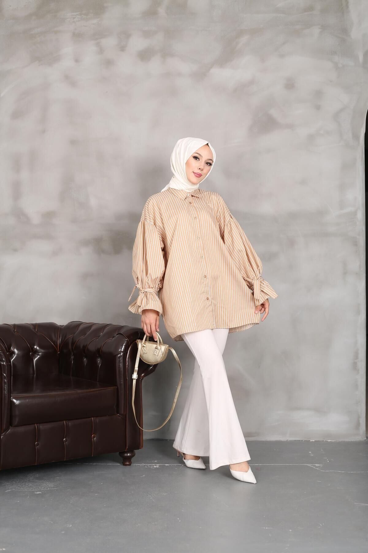 Taupe Striped Tunic with Tied Sleeves - Nergis Neva Butik