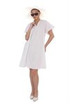 Beyaz Yarım Kol V Yaka Keten Midi Elbise