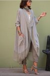 Gri Italyan İpek Detaylı Oversize Kaftan &amp; Bluz