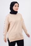 Bej Kolları Nakış Detaylı İplik Sweatshirt