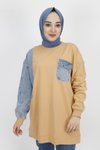 Camel Kot Cep Detaylı İp Kumaş Sweatshirt