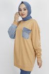 Camel Kot Cep Detaylı İp Kumaş Sweatshirt