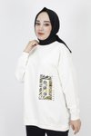 Ekru İp Kumaş İnci Ve Baskı Detaylı Oversize Sweatshirt