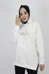 Ekru İp Kumaş Yazı Baskılı Kapüşonlu Sweatshirt