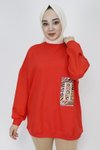 Oranj İp Kumaş İnci Ve Baskı Detaylı Oversize Sweatshirt