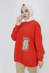 Oranj İp Kumaş İnci Ve Baskı Detaylı Oversize Sweatshirt