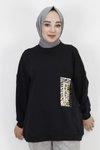 Siyah İp Kumaş İnci Ve Baskı Detaylı Oversize Sweatshirt