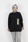 Siyah İp Kumaş İnci Ve Baskı Detaylı Oversize Sweatshirt