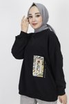 Siyah İp Kumaş İnci Ve Baskı Detaylı Oversize Sweatshirt