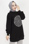 Siyah İp Kumaş Nakış Yazı Ve Taş Detaylı Sweatshirt