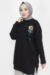 Siyah İp Kumaş Pul İşleme Detaylı Sweatshirt