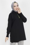 Siyah İp Kumaş Yaka Fermuar Detaylı Sweatshirt