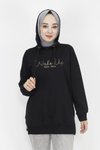 Siyah İp Kumaş Yazı Baskılı Kapüşonlu Sweatshirt