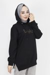 Siyah İp Kumaş Yazı Baskılı Kapüşonlu Sweatshirt