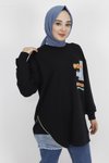 Siyah Nakış Detaylı İp Kumaş Sweatshirt