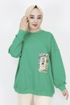 Yeşil İp Kumaş İnci Ve Baskı Detaylı Oversize Sweatshirt