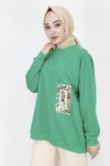 Yeşil İp Kumaş İnci Ve Baskı Detaylı Oversize Sweatshirt