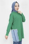 Yeşil İp Kumaş Kot Garnili Ve Baskılı Sweatshirt