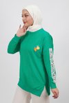 Yeşil Kolları Nakış Detaylı İplik Sweatshirt