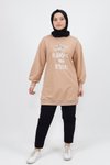 Bej Inci Ve Nakış Detaylı İplik Kumaş Sweatshirt