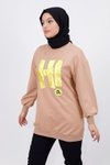 Bej Taş Ve Yazı Detaylı İplik Kumaş Sweatshirt