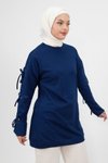 Lacivert Kolu Bağlama Detaylı İplik Kumaş Sweatshirt