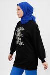 Siyah Inci Ve Nakış Detaylı İplik Kumaş Sweatshirt