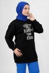 Siyah Inci Ve Nakış Detaylı İplik Kumaş Sweatshirt