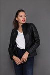 Siyah Hakiki Deri İşlemeli Faux Ceket