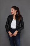 Siyah Hakiki Deri İşlemeli Faux Ceket