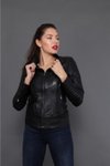 Siyah Hakiki Deri İşlemeli Faux Ceket