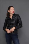 Siyah Hakiki Deri İşlemeli Faux Ceket