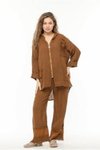 Camel Kapuşonlu Fileli Keten Takım