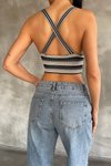 Gri Krem Askılı Crop Triko Bluz