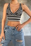 Gri Krem Askılı Crop Triko Bluz