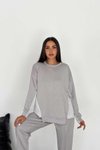 Gri Oversize Çizgi Detaylı Sweatshirt Jogger Pantolon Modal Kumaş 2&#039;li Takım