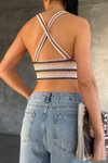 Krem Kahve Askılı Crop Triko Bluz