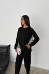 Siyah Oversize Çizgi Detaylı Sweatshirt Jogger Pantolon Modal Kumaş 2&#039;li Takım