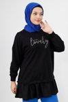 Siyah Önü Taş Detaylı İplik Kumaş Sweatshirt