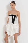 Off White Fırfır Detaylı Straplez Mini Abiye Elbise