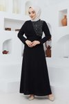 Siyah Boncuk Krep Abiye Elbise